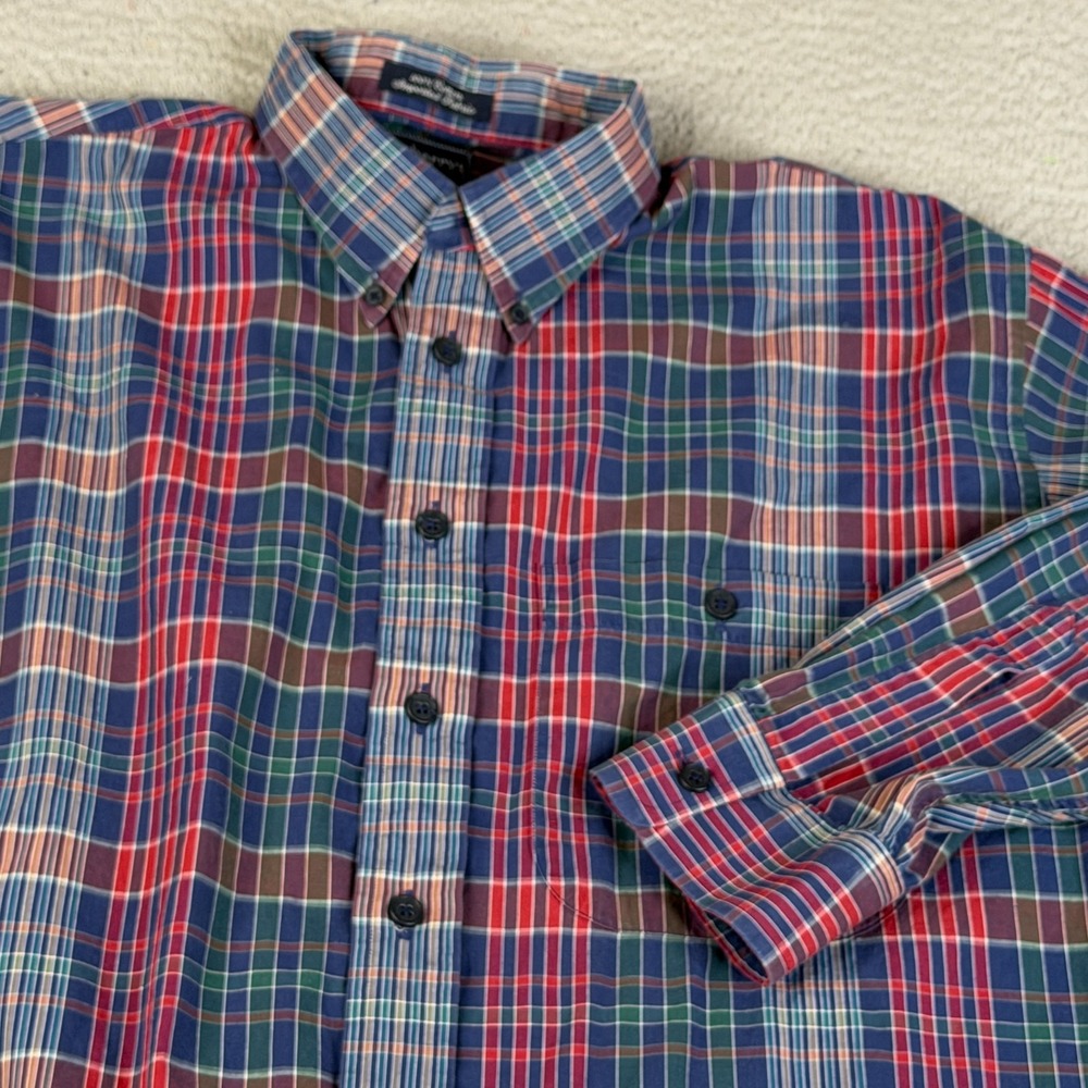 VTG Burberrys Shirt L Blue Red Plaid Long Sleeve Button Equestrian Knight USA